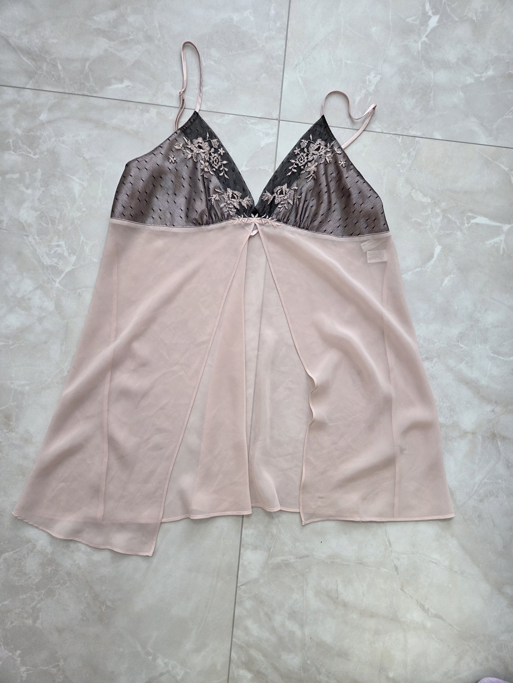 Valerie Stevens Blush Pink Sheer Split-Front Lace Chemise with Charcoal Cups